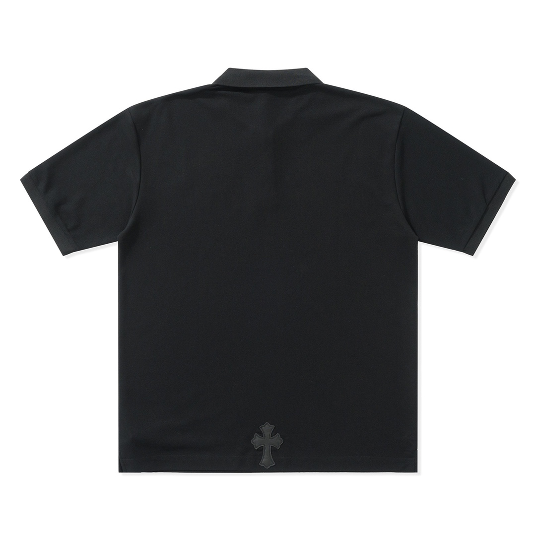 CH Chrome Hearts Exclusive Polo Shirt in Patchwork LeatherThe fabric is made of pique satin, incredibly smooth and comfortable against the skin with a cool feel. It features three top-grain cowhide cross panels on the front and back, and the neck la