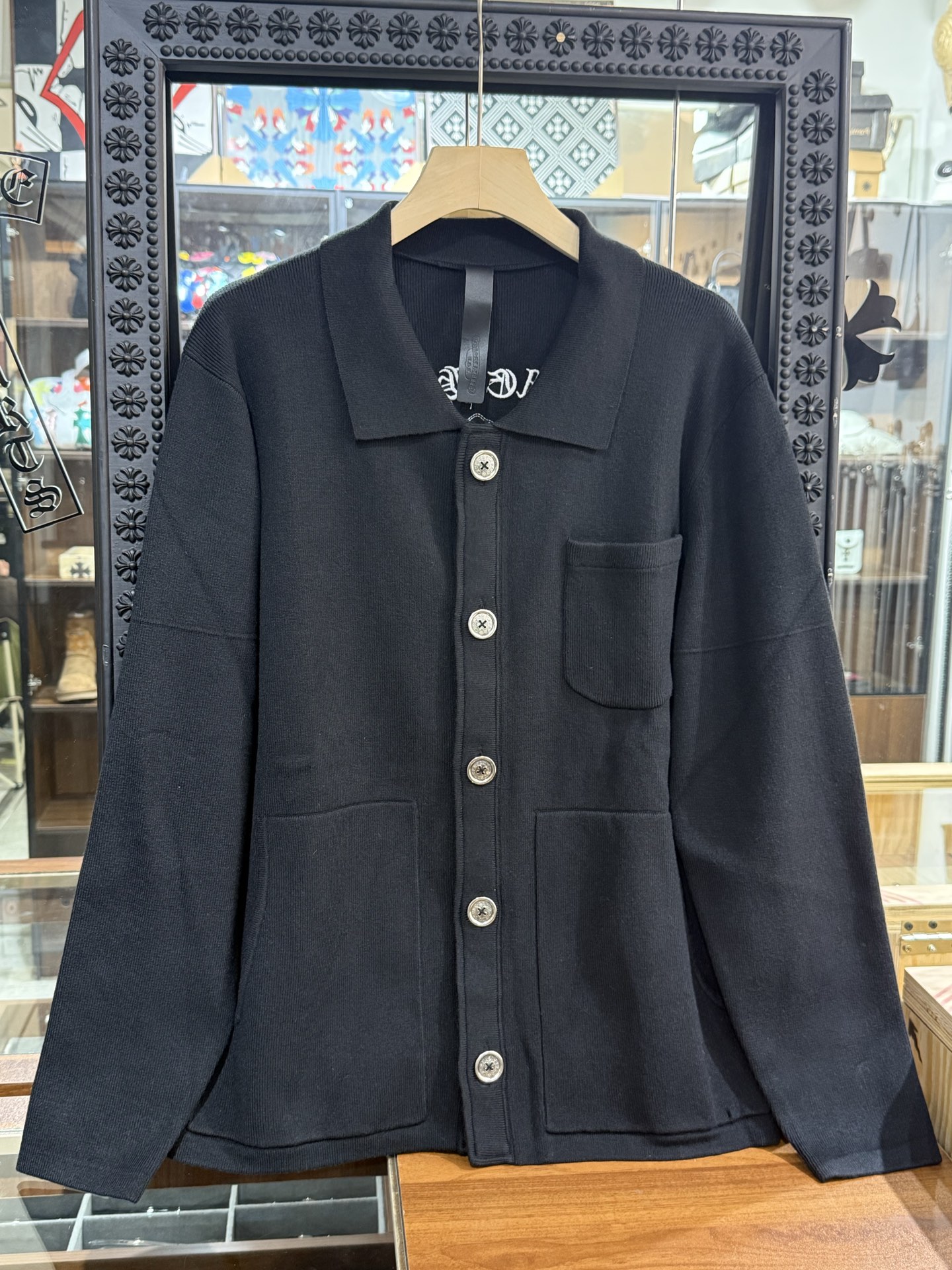 Chrome Hearts Black Cashmere Cardigan with Cross Applique and Sanskrit Embroidery; Oversized Silver Button CardiganSize: S M L