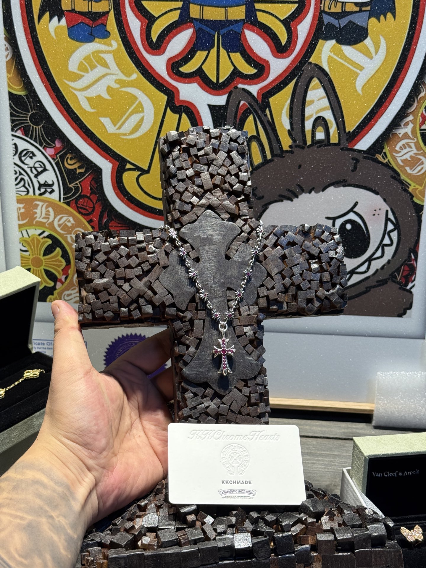 Customer order 🔝 Tiny E cross necklace fully set with red diamonds