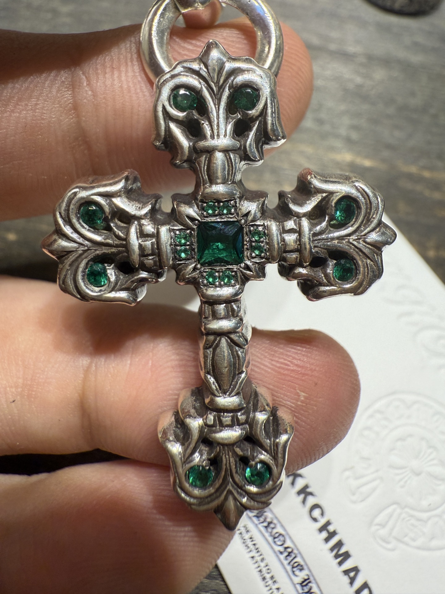 Customer order: Medium-sized flame cross necklace with green diamond setting + PP letter chain