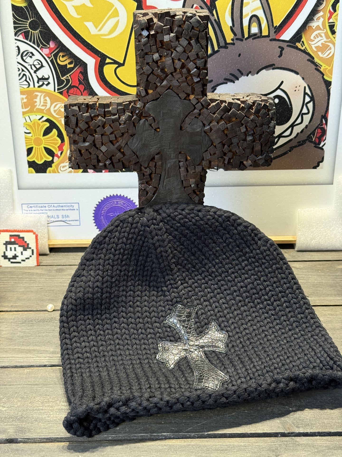 Custom-ordered crocodile leather cross beanie with sterling silver buckle and top-grade car emblem.