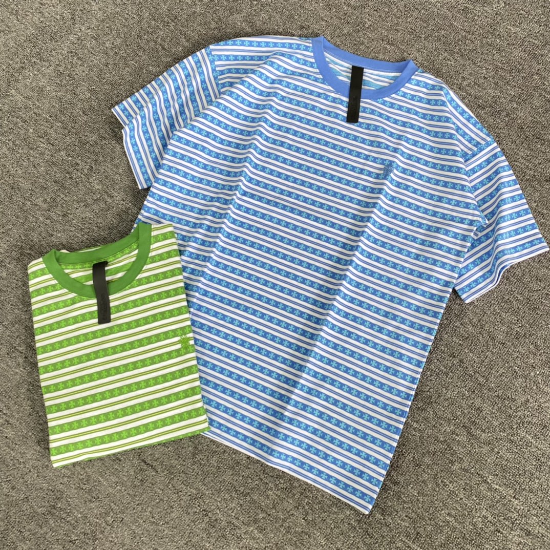 Chrome Hearts 23FW Latest Striped Jacquard Sword Embroidered Short-Sleeve T-ShirtOriginal custom-woven and dyed fabric, full sword embroidery logo, genuine leather base, loose fit, unisex styleSizes: S M L