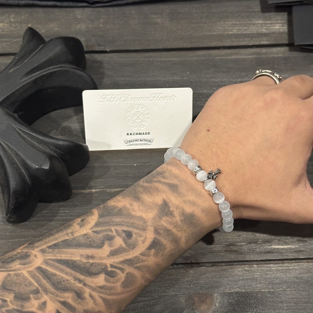 Customer order 🔝 Cat's eye stone silver bead cross bracelet