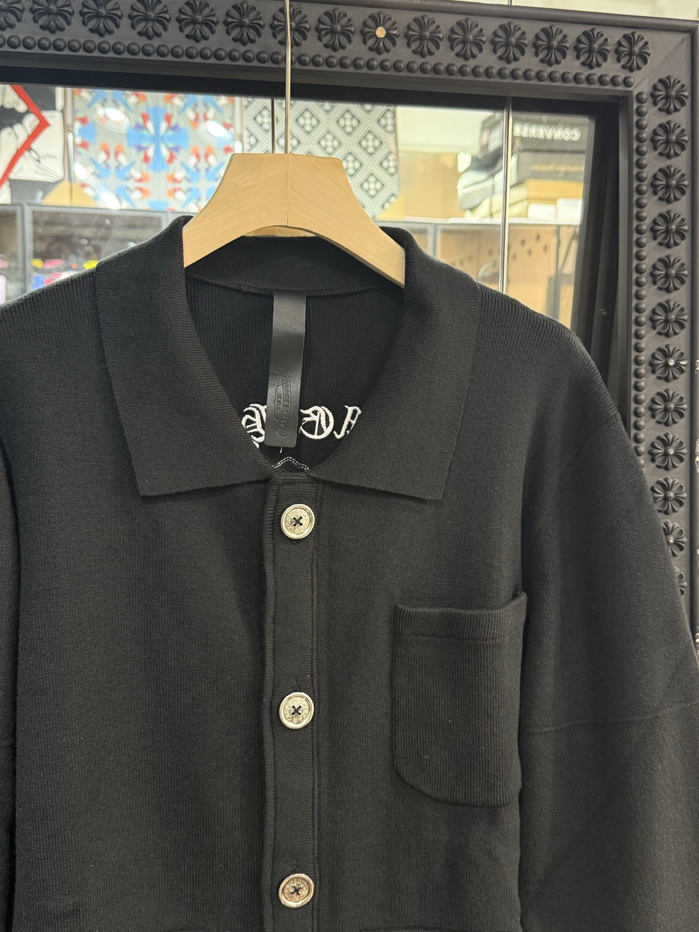 Chrome Hearts Black Cashmere Cardigan with Cross Applique and Sanskrit Embroidery; Oversized Silver Button CardiganSize: S M L