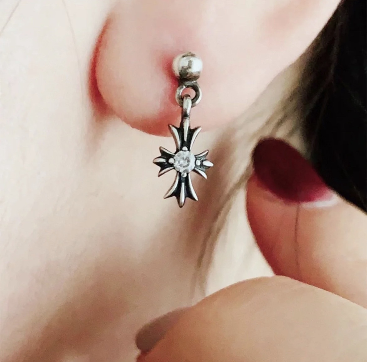 Chrome Hearts Solo Diamond Cross Earrings