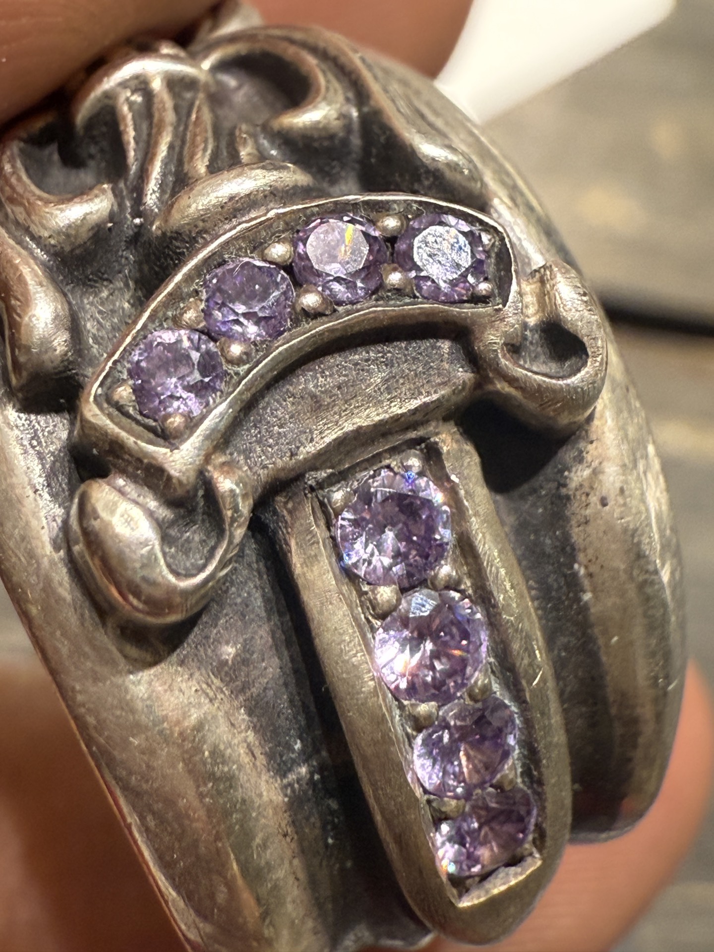 Custom-made purple diamond-encrusted sword and dagger ring for our client. Top-tier setting craftsmanship and perfect engraving details.