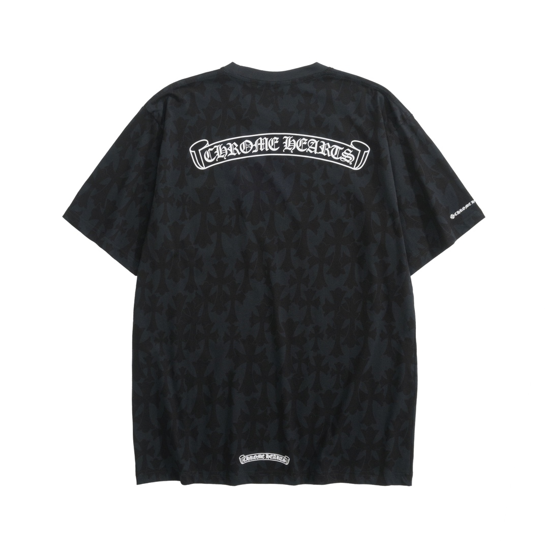 CH Chrome Hearts Embossed Print Short-Sleeve T-ShirtCustom Embossed Cross Fabric, Horseshoe Print on Front, Scroll Print with Traditional Chinese Characters on Back, Drawstring DesignSizes S, M, L