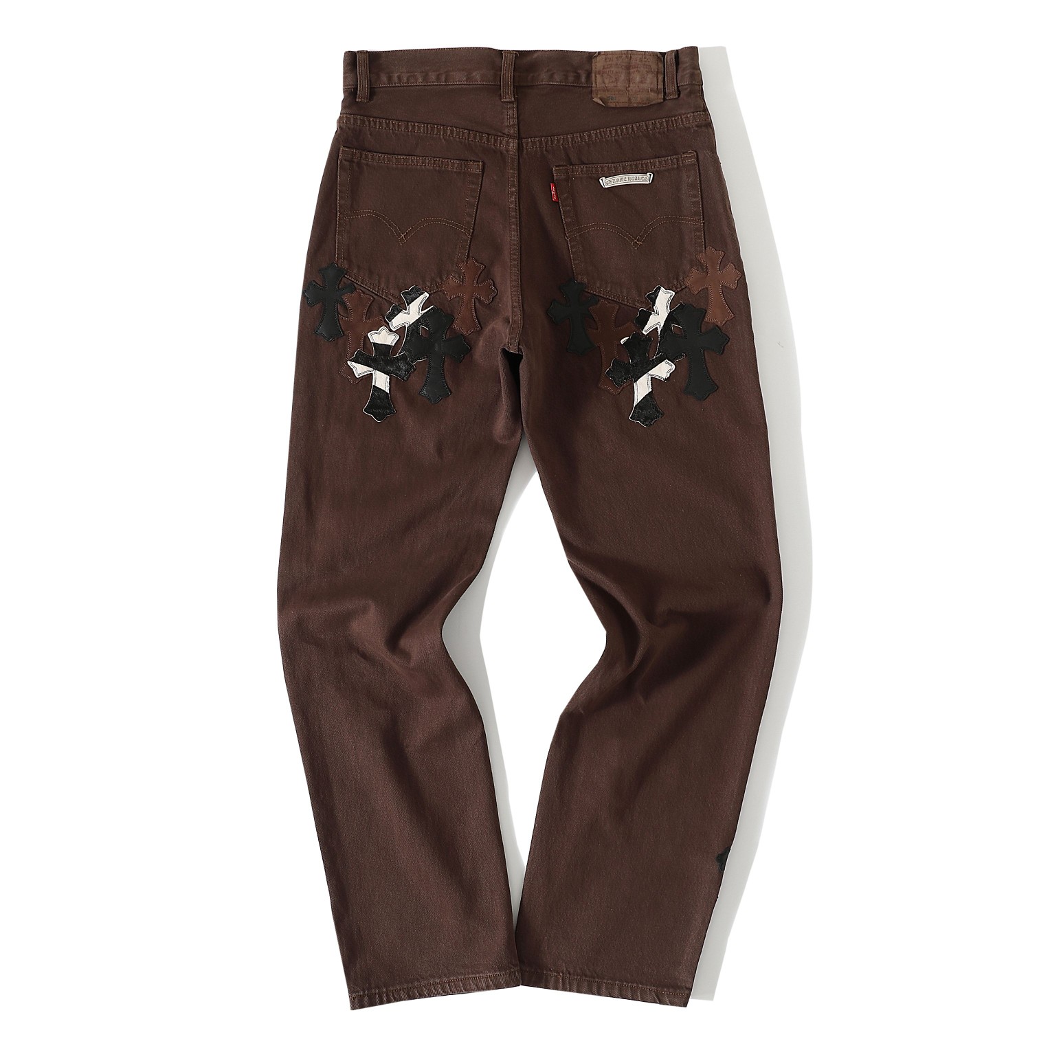 CH Genuine Leather Embroidered Chrome Hearts Jeans, custom-made denim fabric, custom-made silver-plated Chrome Hearts buttons, crosses hand-embroidered with top-grain sheepskin (horsehair, sheepskin, suede, and various other rare leathers) (26 genuin