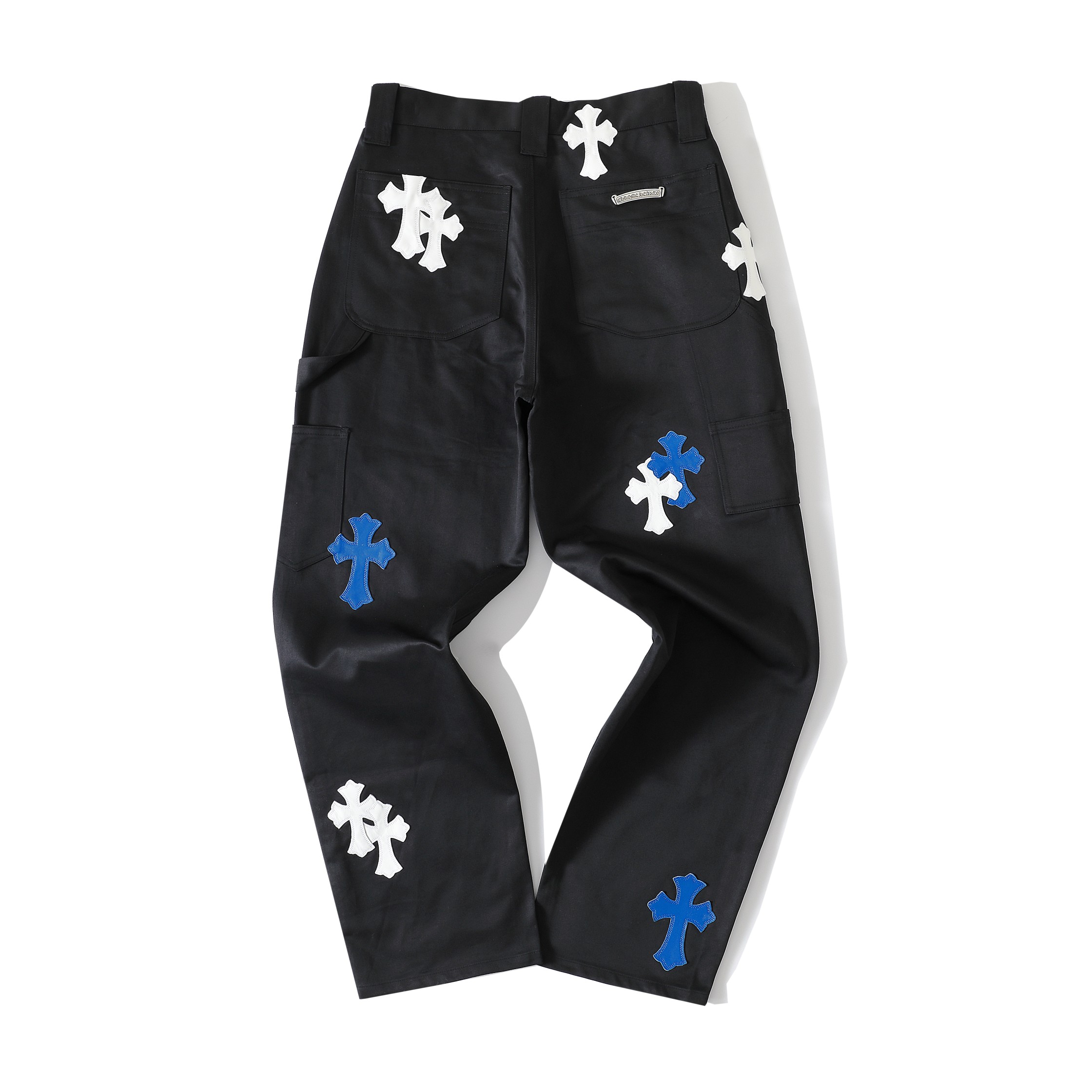 CH Blue and White Cross Cargo Pants, unisex style. Made with double-strand combed cotton yarn. Minimum order quantity 3000 yards. Custom production lead time two months. Attention to detail is paramount. To enhance the fabric's luster and texture, im
