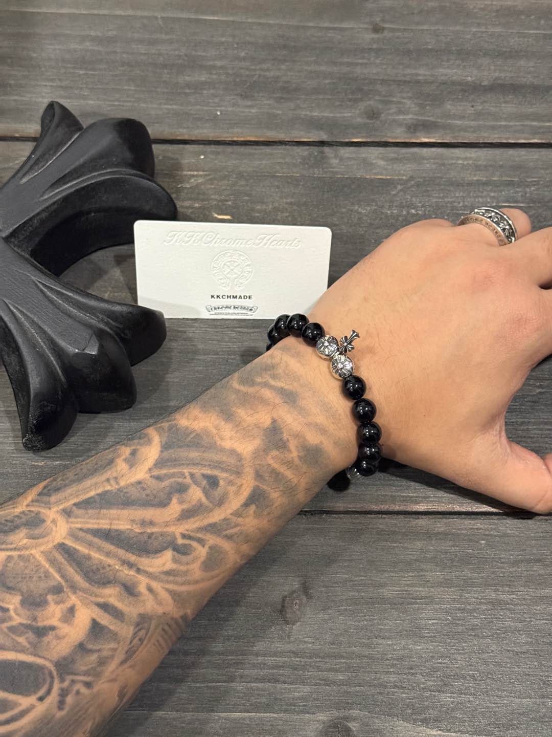 Customer order: Obsidian Cross 4-Silver Bead Bracelet