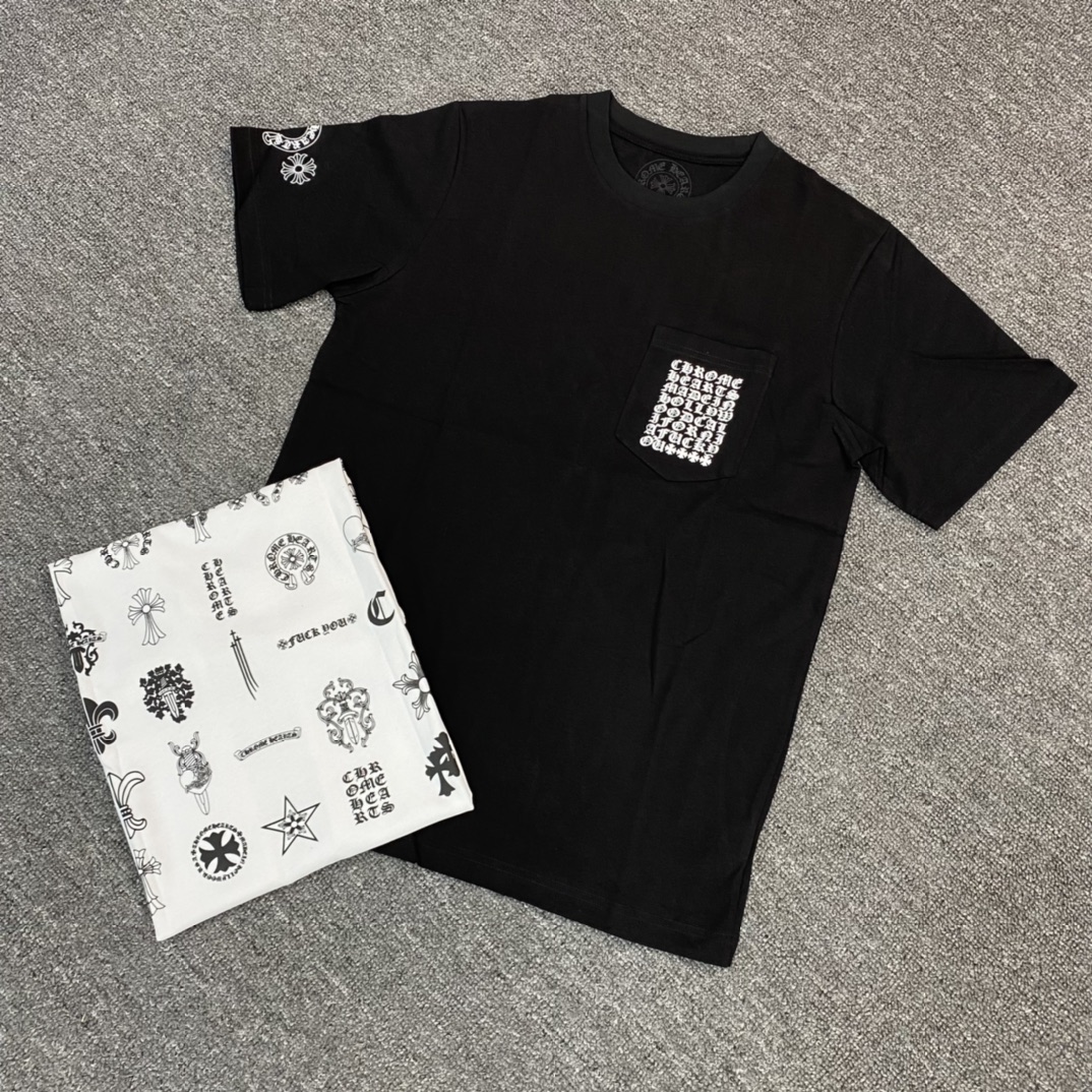 Chrome Hearts CH Sanskrit multi-element short-sleeved shirt, featuring a front patch pocket with a gothic logo, brand label print on the side sleeves, and a multi-element logo design on the back. Made of 100% cotton. Sizes: S, M, L, XL, XXL