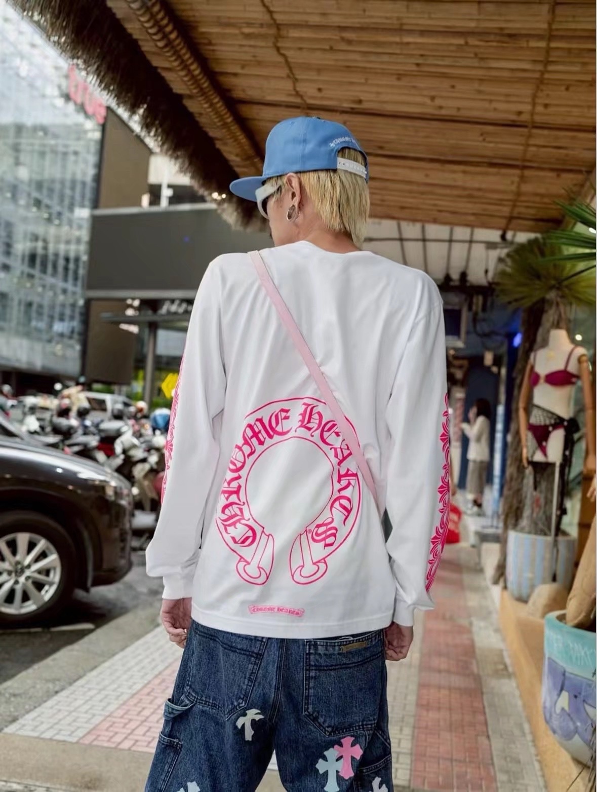 Chrome Hearts Pink Double-Sleeve Cross Vine Back Horseshoe T-Shirt, White Long-SleeveSize: S M L XL