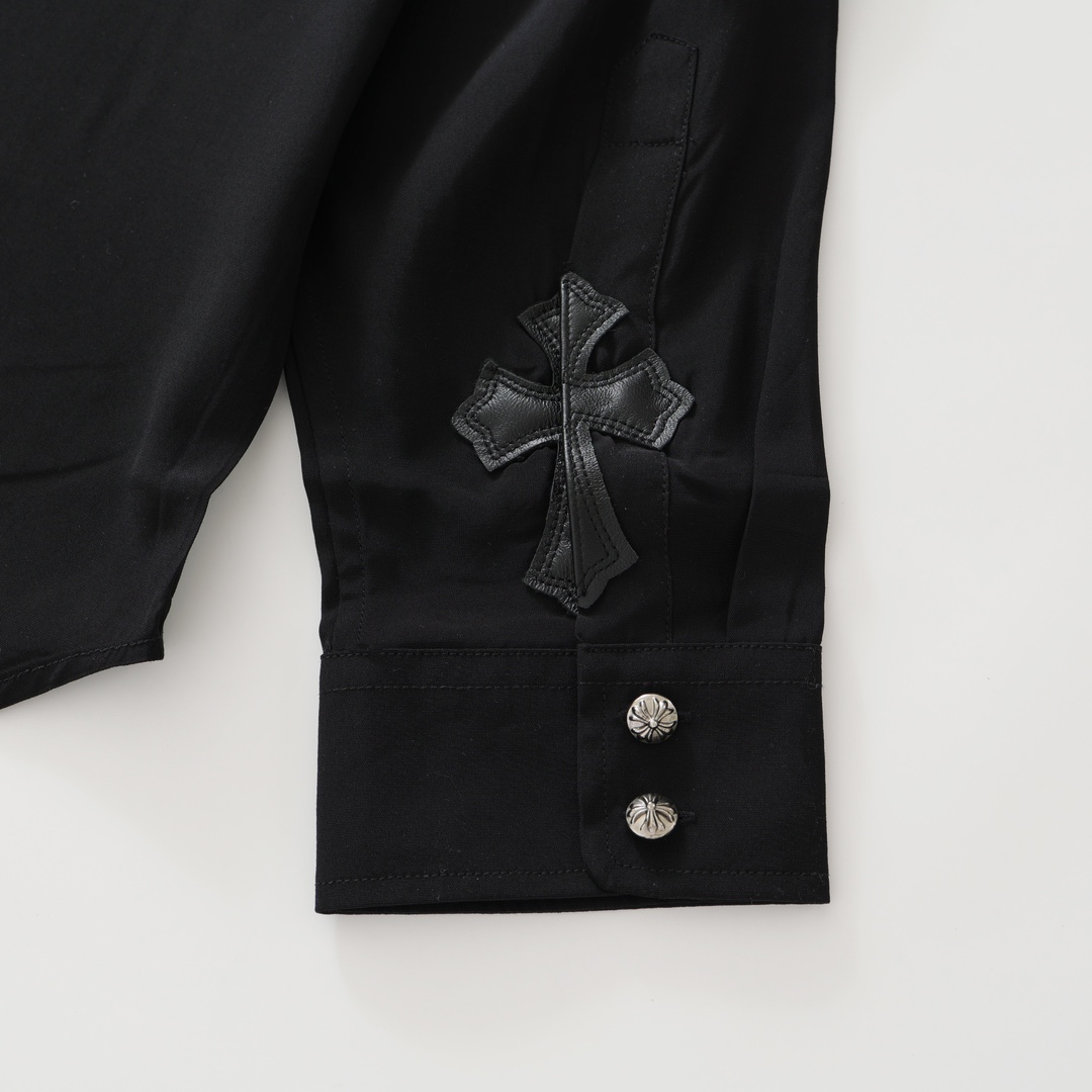 CH's new acetate cross shirt. Made of 140g premium genuine acetate material. Custom 925 silver buttons. Custom genuine leather cuffs. Hand-stitched buttons. Custom accessories. Unisex design. A street style statement. Excellent workmanship and qualit