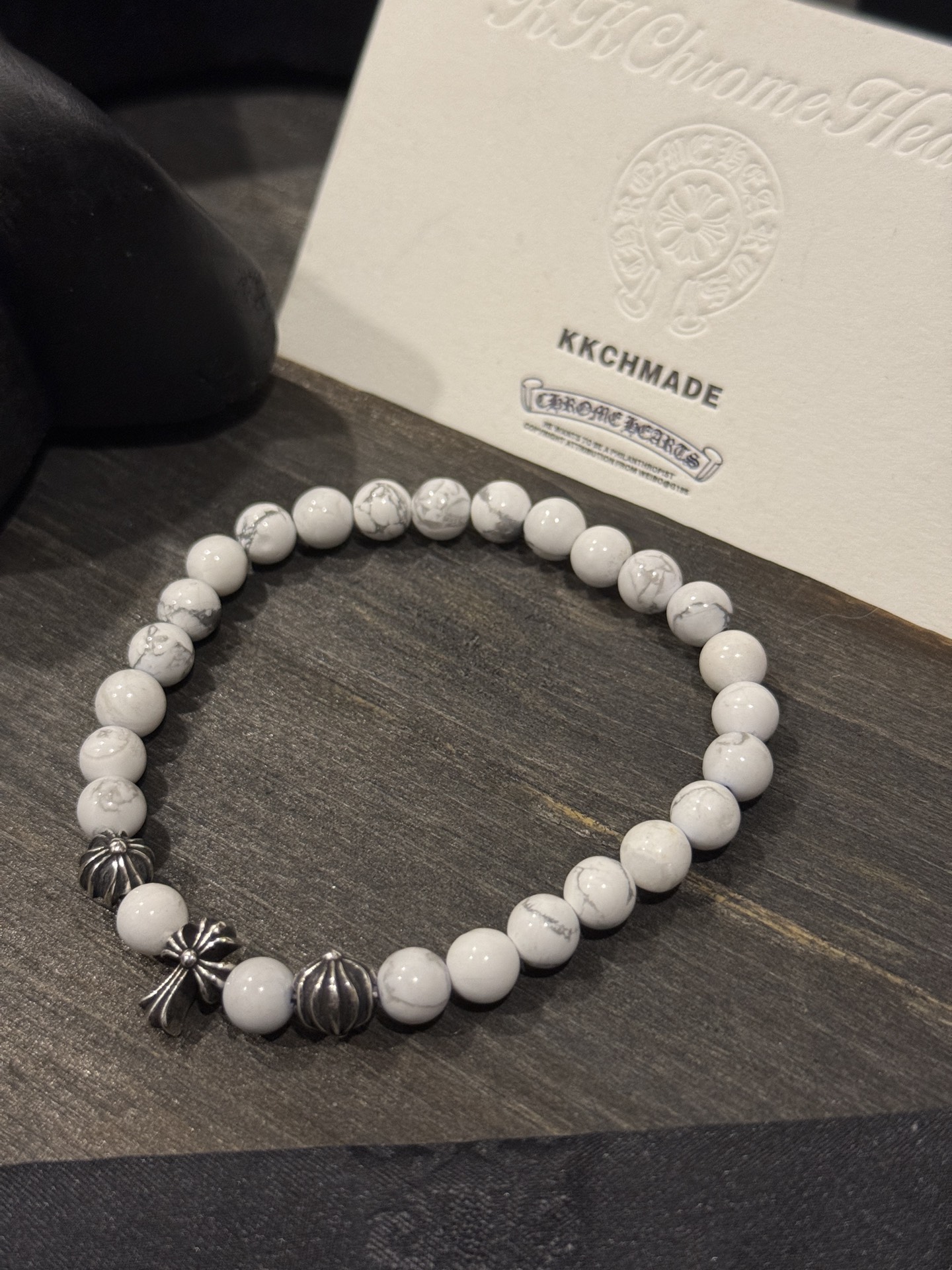 Customer order: White agate cross silver bead bracelet