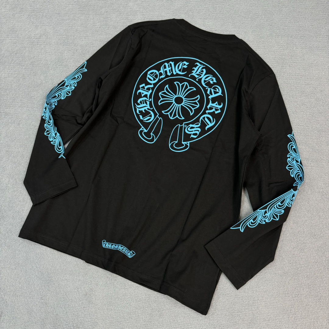 Chrome Hearts CH Blue Horseshoe Long-Sleeve Shirt180g pure cotton fabric, custom-dyed, with imported ink 3D printing, different from other mismatched versions on the market. Bulk stock available for immediate shipment.Sizes: S M L XL