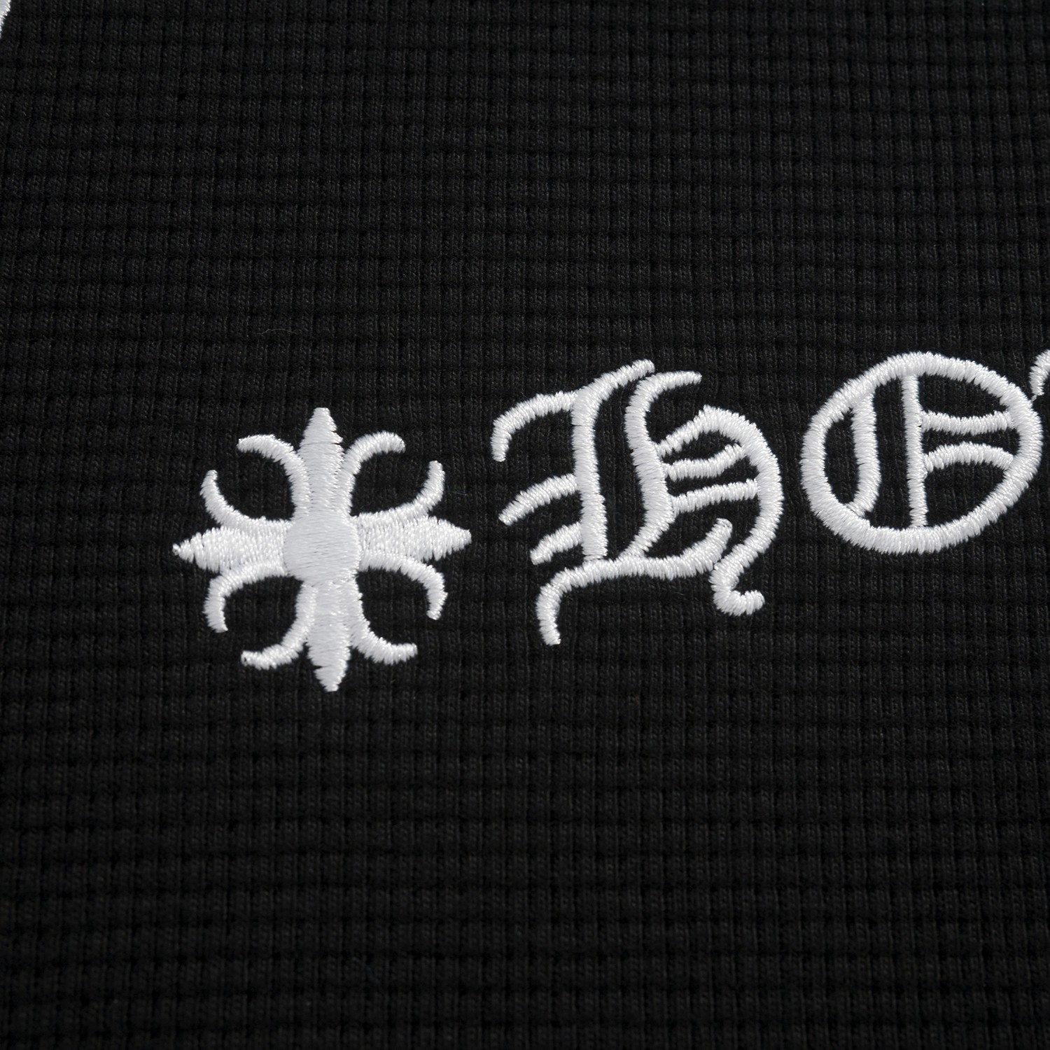 CH Chrome Hearts Open-Chest Waffle Gown with Cross PrintCustom-dyed waffle gown fabric, custom buttons, leather patch, cross embroidery on the backSizes: S, M, L