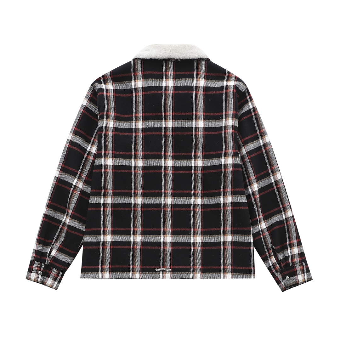 CH New style plaid shirt with lamb's wool collar. Two colors and all sizes available. Made with 11-count double-ply 240g cotton yarn (260g after washing). Laser infrared positioning. Hand-cut for perfect alignment. (Custom-woven black jacquard lining