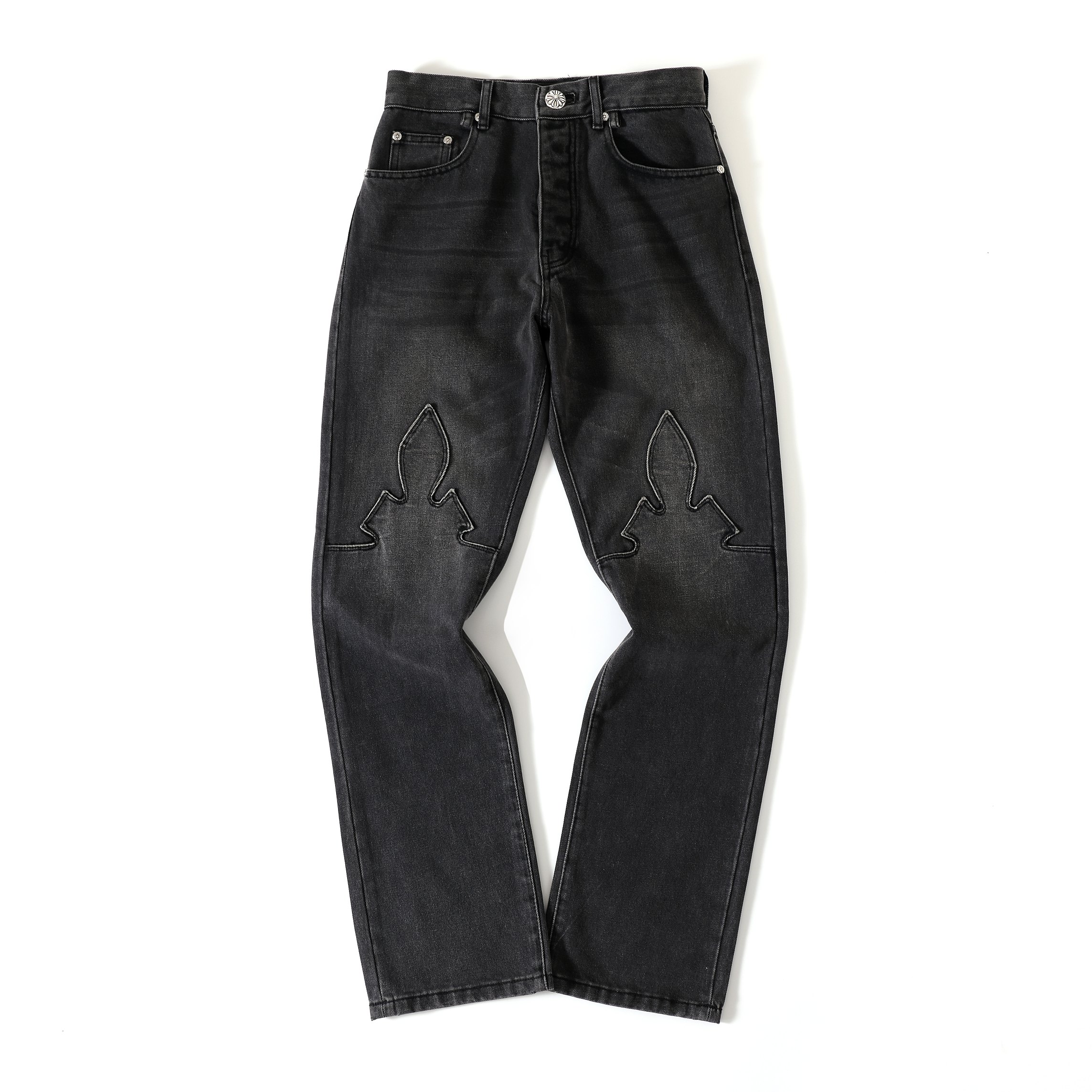 CH Limited Edition Gray Knee-Washed Jeans with Flame Design. Features a distressed, heavily washed knee design. This style is not form-fitting and can be worn as a base layer. Natural wash, comfortable and versatile. Sizes 27, 28, 30, 32, 34, 36.