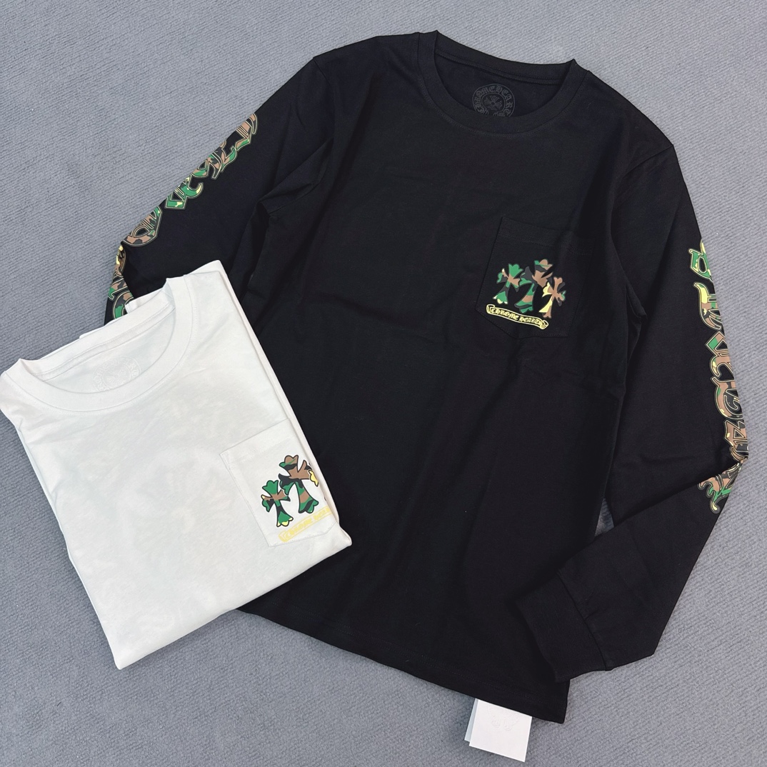 Chrome Hearts Camouflage Horseshoe Long-Sleeve ShirtFurniture: Custom-woven and dyed 40% count 230g pure cotton, single-sided reactive dyeing. The entire garment features a hand-printed thermosetting ink, resulting in a slightly matte finish rather