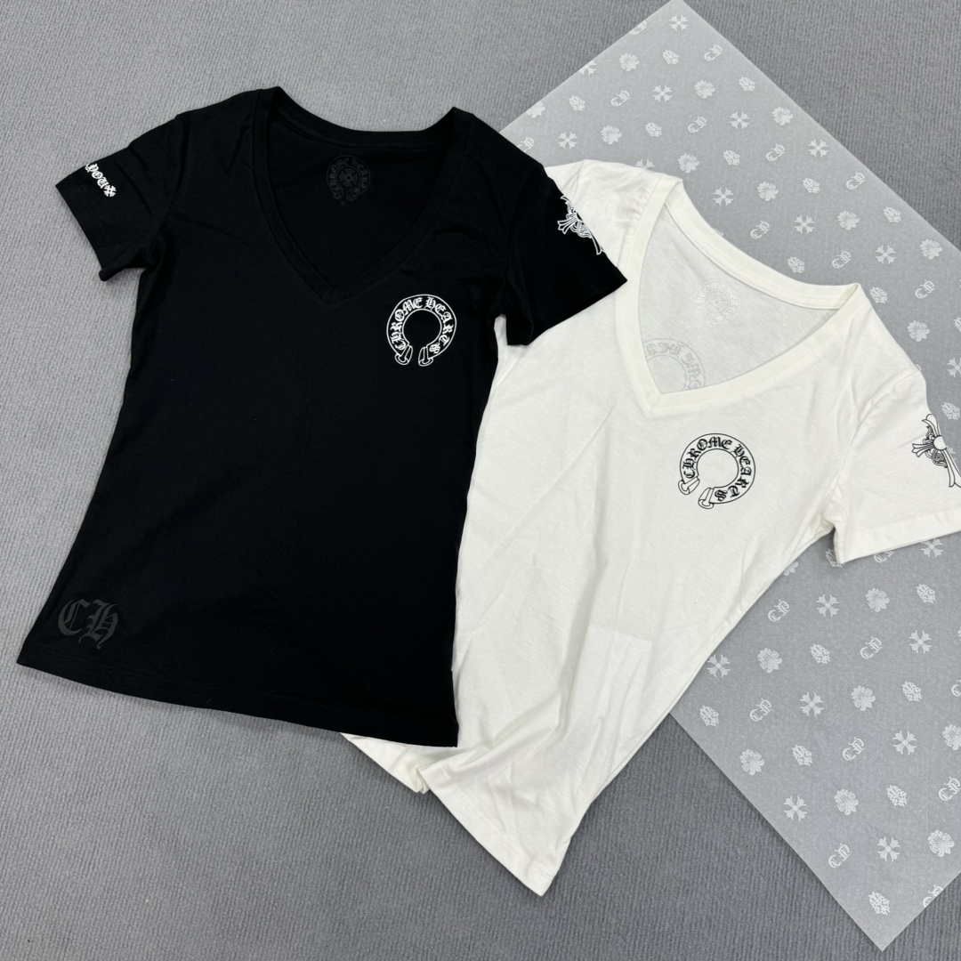 Chrome Hearts Popular V-Neck Women's Three-Element Short-Sleeve T-ShirtMade from custom-dyed Yb pure cotton, soft and delicate, with matching neckline sizesSizes: S M L