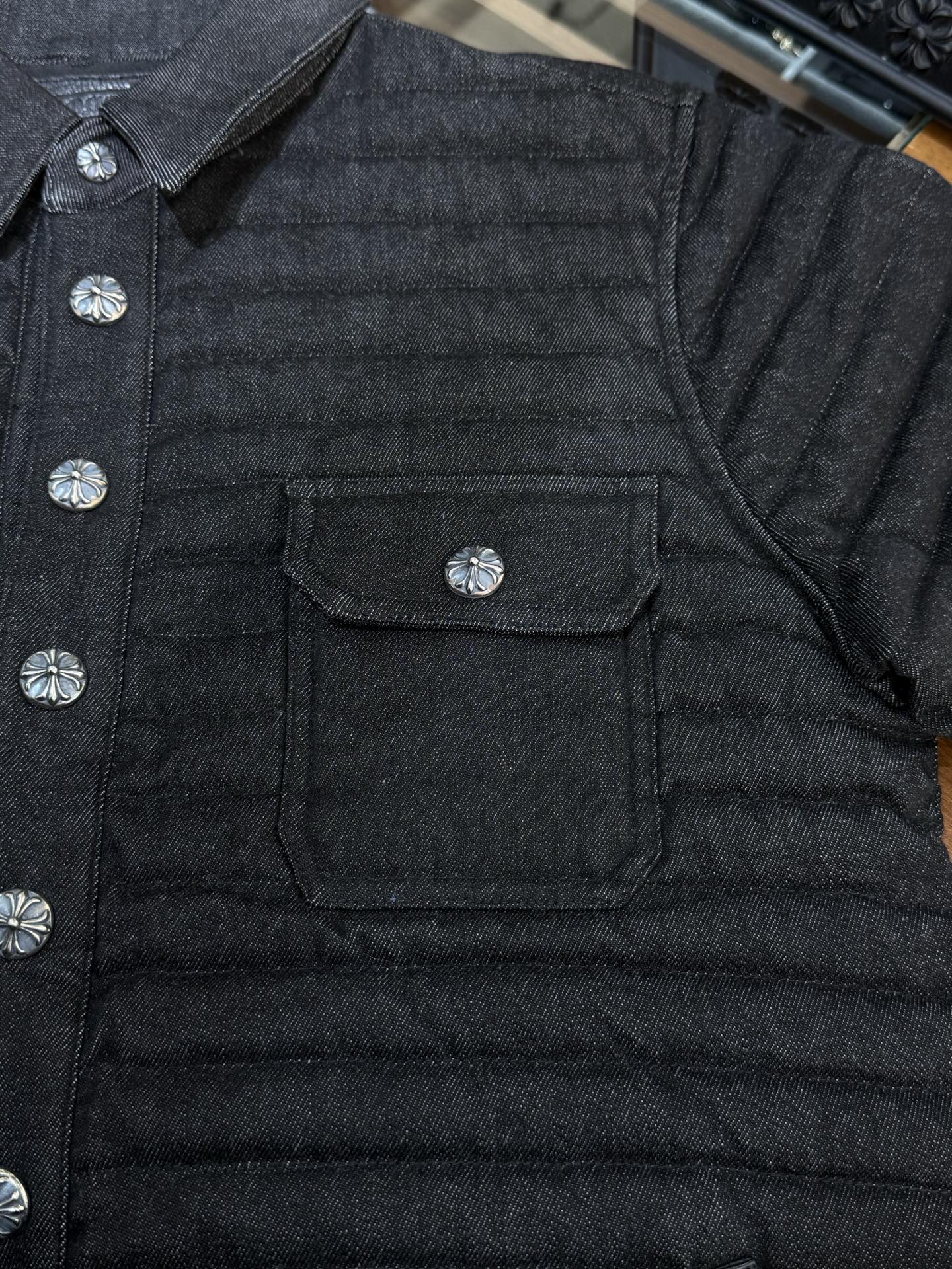 Chrome Heats Leather and Silver Embroidered Cotton Jacket14 silver buttons, 2 silver swords, 1 scroll, 2 scroll base studs. This piece has been discontinued for a long time and is an extremely rare find.Size: S M L