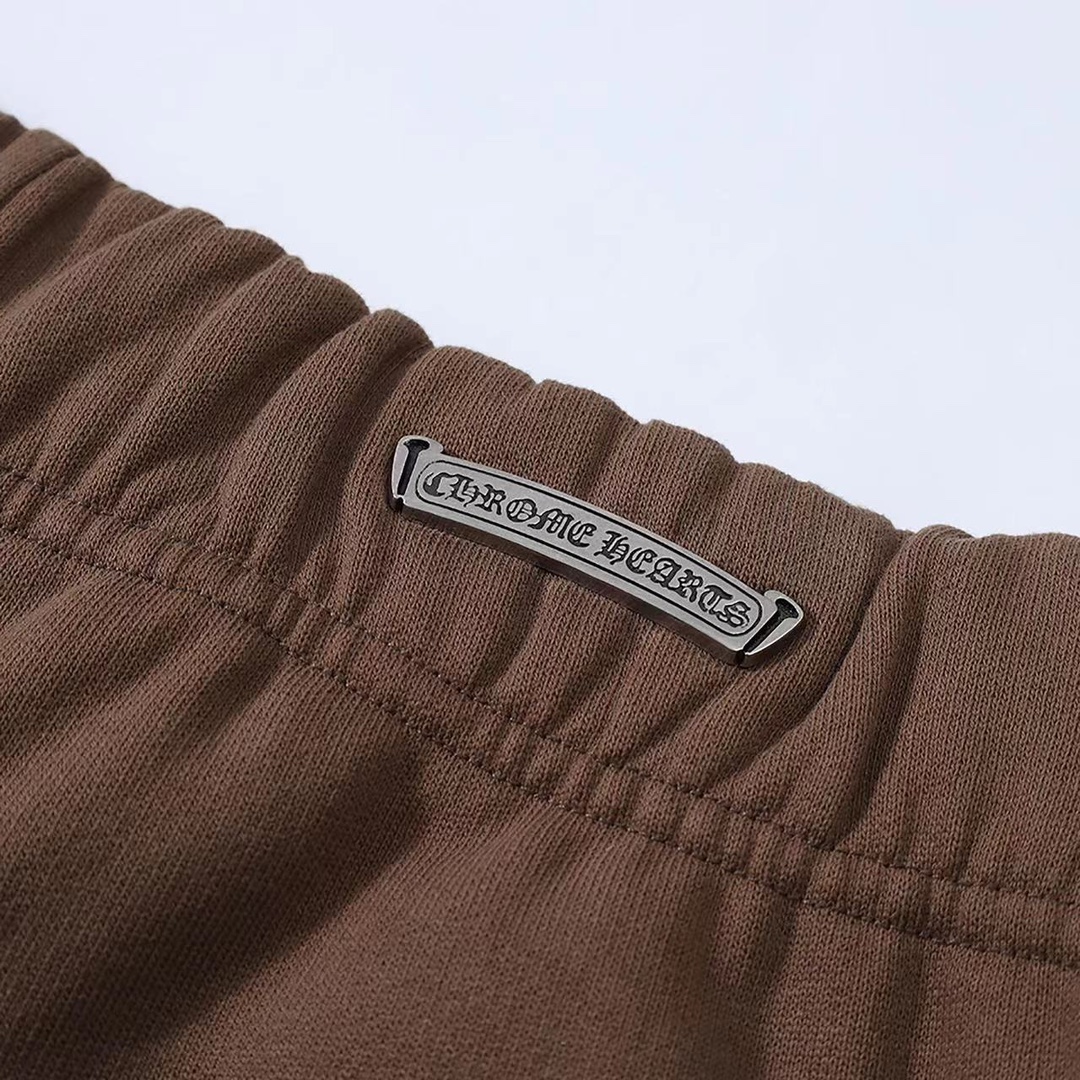 CH Chrome Hearts Limited Edition Chestnut Brown Casual Fleece-Lined Sweatpants. Custom-woven and dyed 480g thickened pure cotton knit fabric with imported top-grain lambskin (not ordinary synthetic leather). Custom-made silver decorative buckles. War