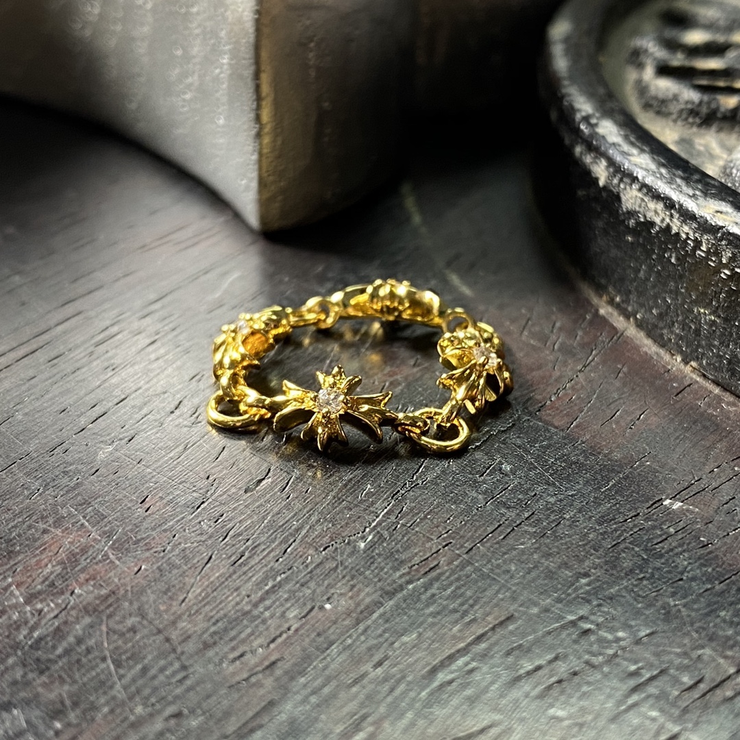 Authentic KkChrome Hearts 22k Gold Single Diamond Long Cross Flower Chain Ring