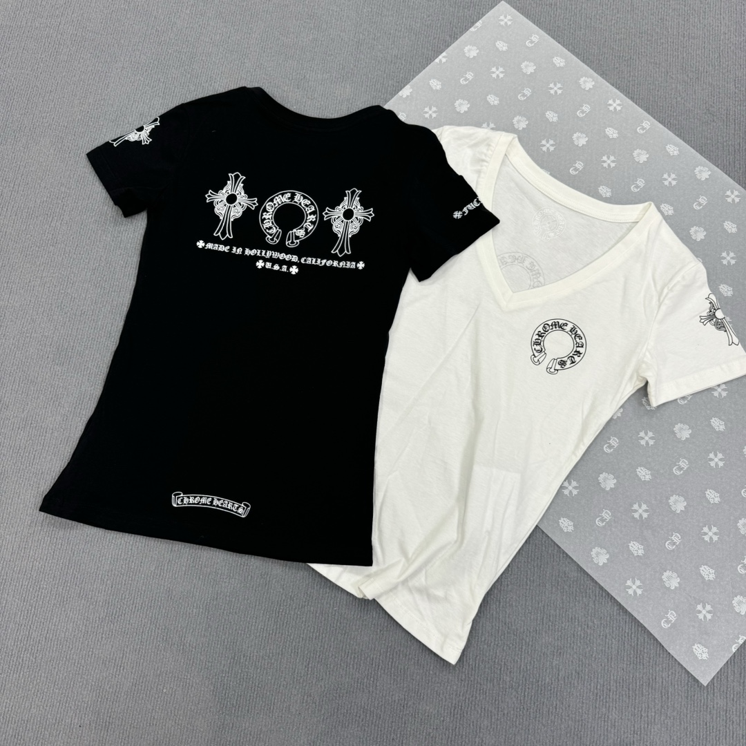 Chrome Hearts Popular V-Neck Women's Three-Element Short-Sleeve T-ShirtMade from custom-dyed Yb pure cotton, soft and delicate, with matching neckline sizesSizes: S M L