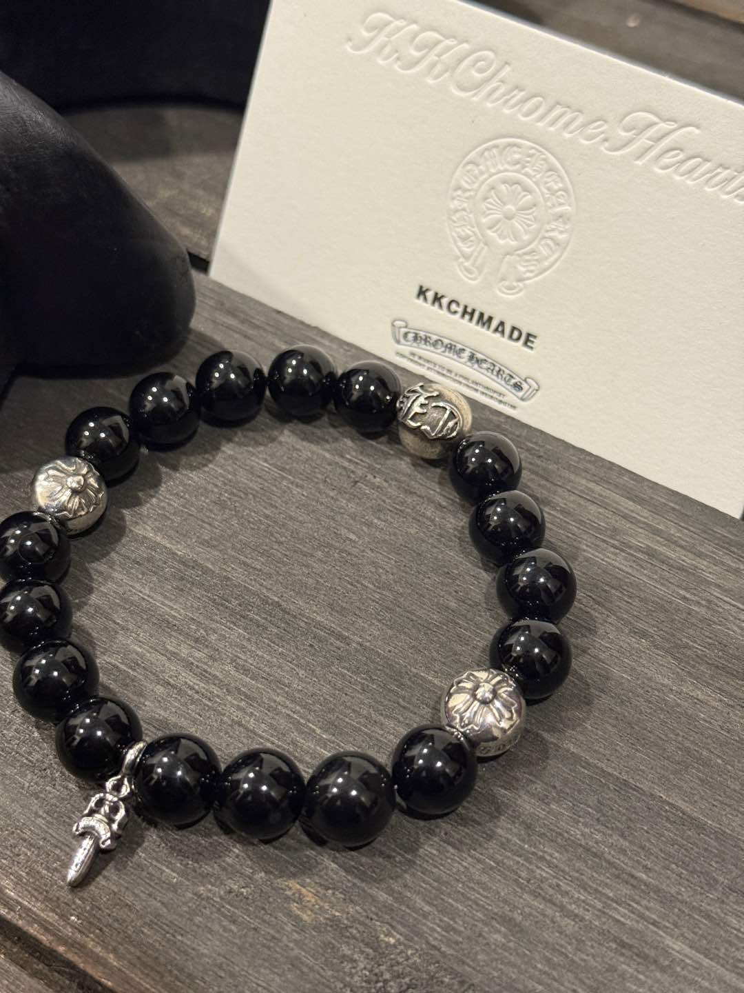 Customer order: Obsidian sword with 4 silver beads