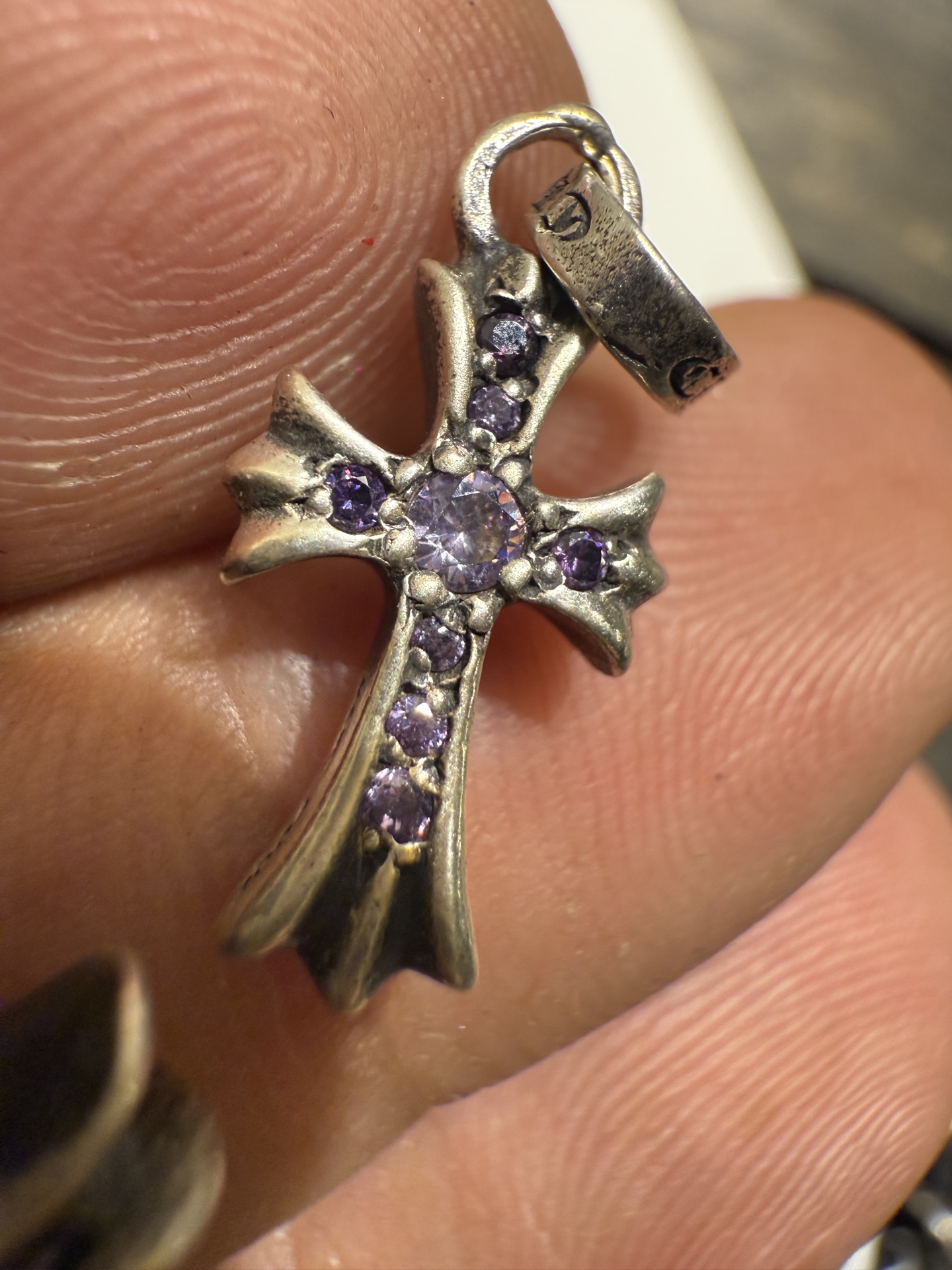 925 Sterling Silver, Double Cross Inlaid with Purple Diamonds, Top-Tier Setting and Engraving Details. Outshines all others on the market; the best in China, bar none.