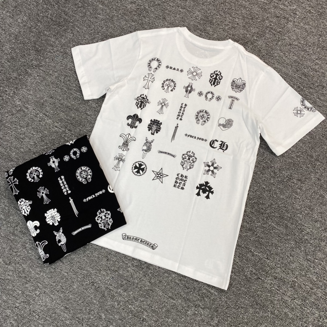 Chrome Hearts CH Sanskrit multi-element short-sleeved shirt, featuring a front patch pocket with a gothic logo, brand label print on the side sleeves, and a multi-element logo design on the back. Made of 100% cotton. Sizes: S, M, L, XL, XXL