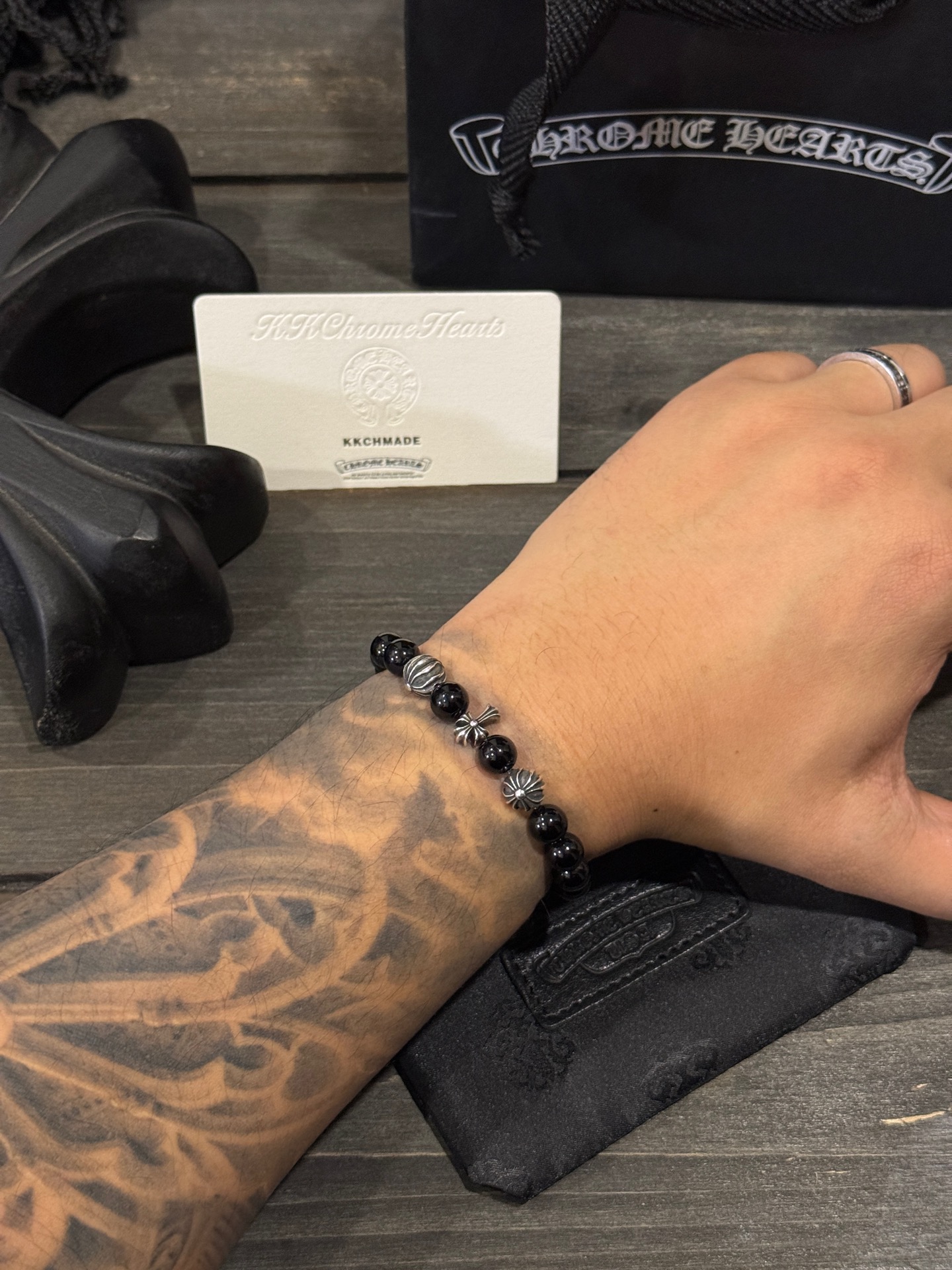 Customer order: Obsidian Cross 3-Silver Bead Bracelet