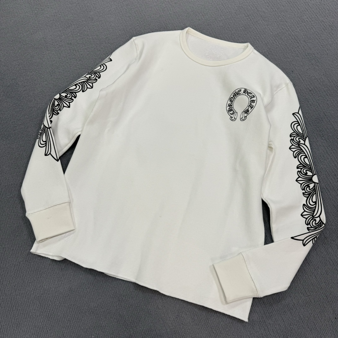 Chrome Hearts New Waffle Gown Horseshoe Flower Cross Long SleeveCustom-woven YB waffle gown fabric, featuring a 3D bound collar, imported ink printing, unisex style, three colors available, limited stock.Sizes: S M L XL