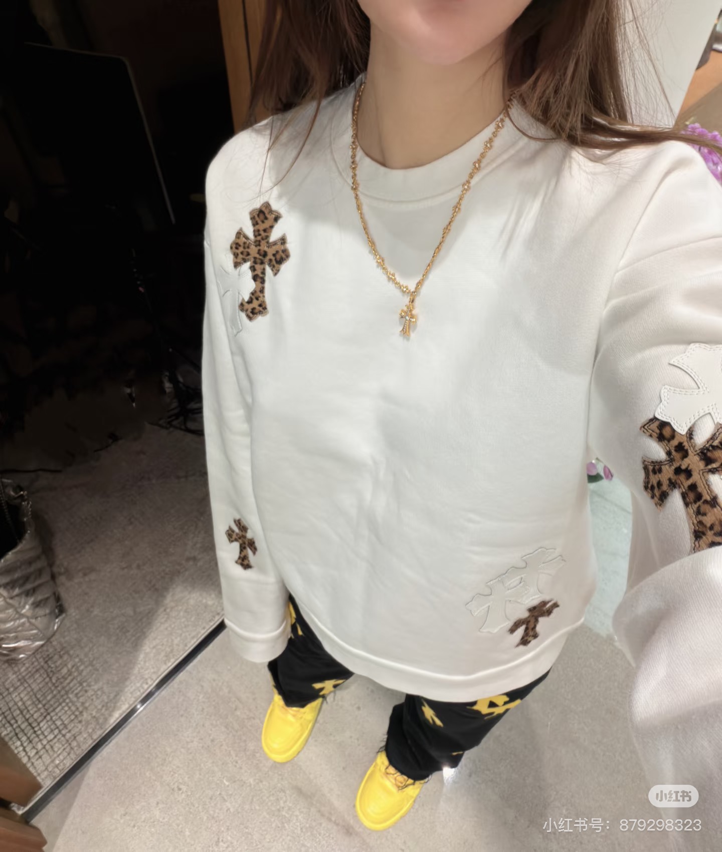 Chrome Hearts New Limited Edition White Leopard Print Patent Leather Cross Patchwork Sweatshirt with Horse Hair Cross PatchworkSize: S M L