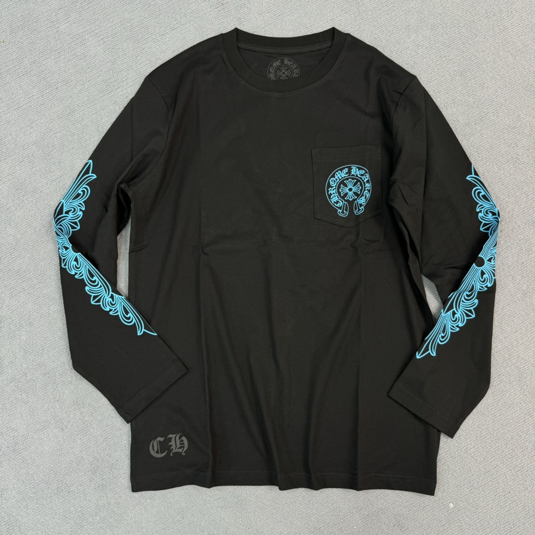 Chrome Hearts CH Blue Horseshoe Long-Sleeve Shirt180g pure cotton fabric, custom-dyed, with imported ink 3D printing, different from other mismatched versions on the market. Bulk stock available for immediate shipment.Sizes: S M L XL