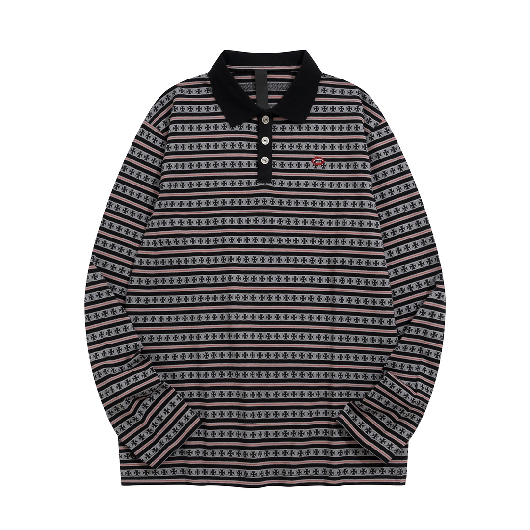 New Arrival: Chrome Hearts C2023FW CH Jacquard Striped Polo Long-Sleeve T-Shirt. Custom-dyed jacquard cross fabric, four colors available. Custom buttons on the neckline, embroidered chest, custom-dyed ribbed fabric. Sizes: S-L. Unisex.