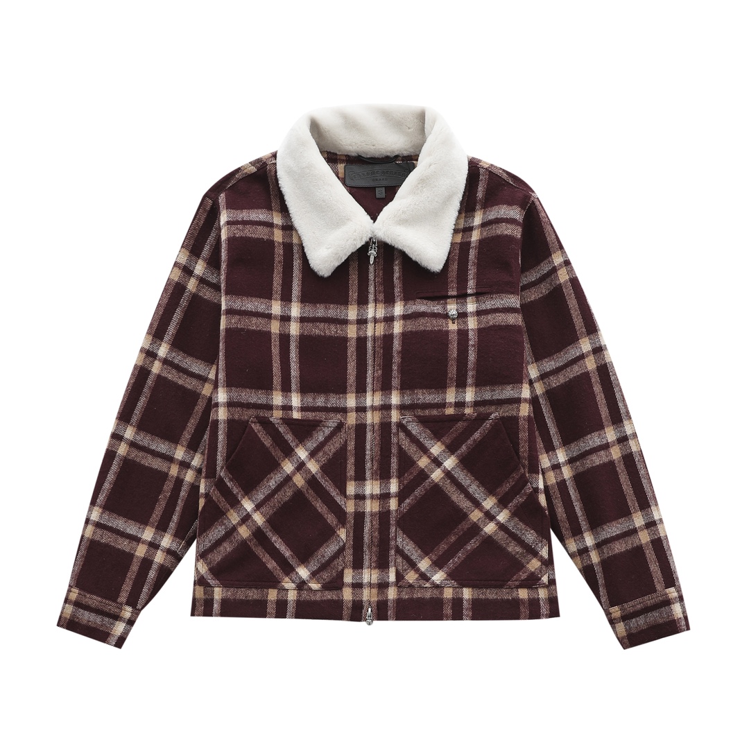 CH New style plaid shirt with lamb's wool collar. Two colors and all sizes available. Made with 11-count double-ply 240g cotton yarn (260g after washing). Laser infrared positioning. Hand-cut for perfect alignment. (Custom-woven black jacquard lining