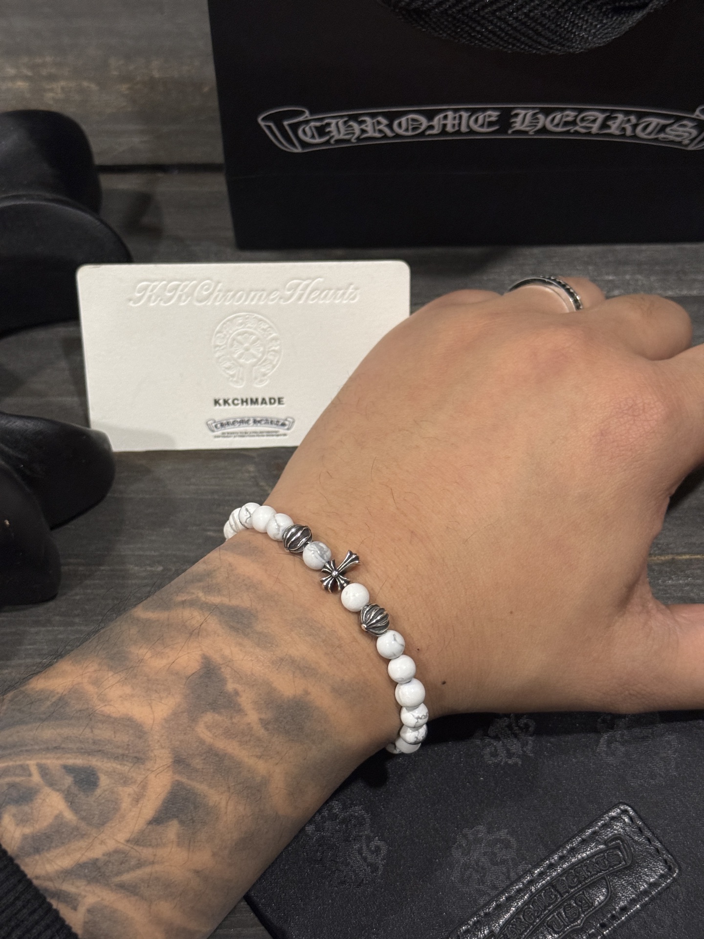 Customer order: White agate cross silver bead bracelet