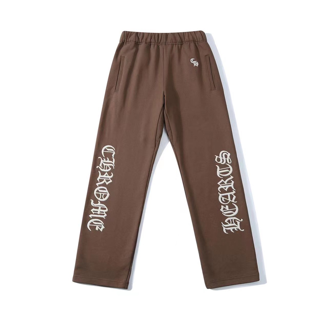 CH Chrome Hearts Limited Edition Chestnut Brown Casual Fleece-Lined Sweatpants. Custom-woven and dyed 480g thickened pure cotton knit fabric with imported top-grain lambskin (not ordinary synthetic leather). Custom-made silver decorative buckles. War