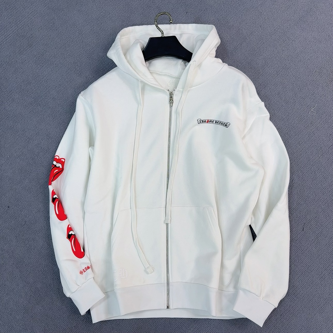 Chrome Hearts' latest CH X RollingStone Las Vegas exclusive, Rolling Stone zip-up sweatshirt.Made of 42-count 380g pure cotton, with imported ink and gold glitter printing for a three-dimensional effect. Perfectly customized for your needs!Sizes: