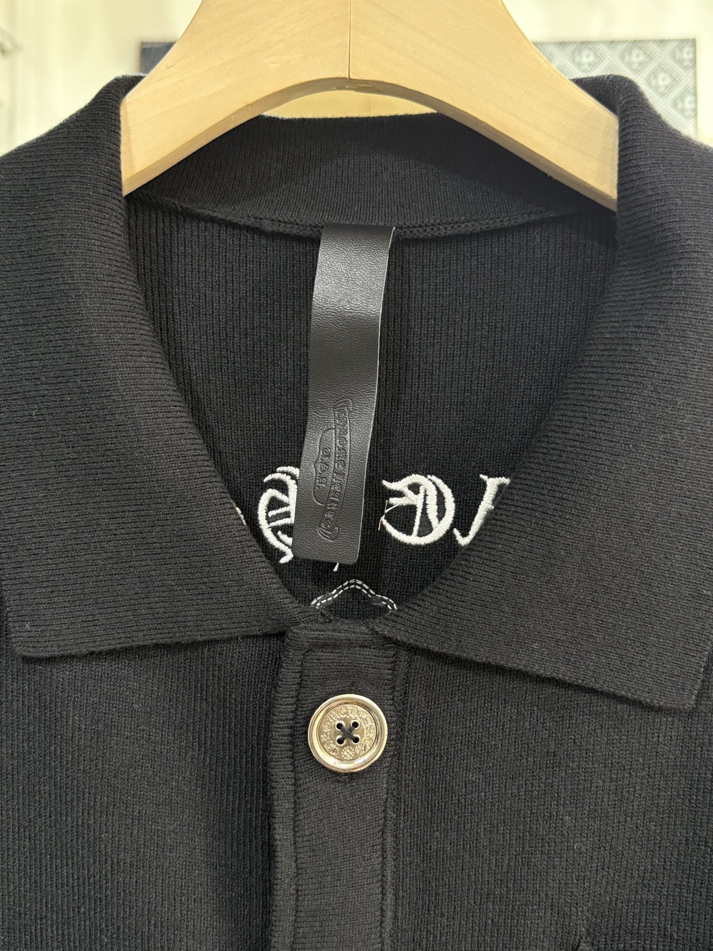 Chrome Hearts Black Cashmere Cardigan with Cross Applique and Sanskrit Embroidery; Oversized Silver Button CardiganSize: S M L