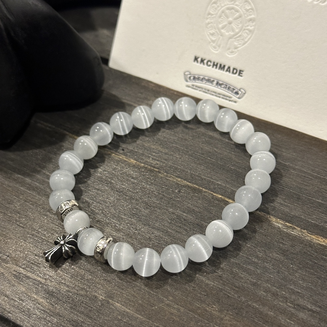 Customer order 🔝 Cat's eye stone silver bead cross bracelet