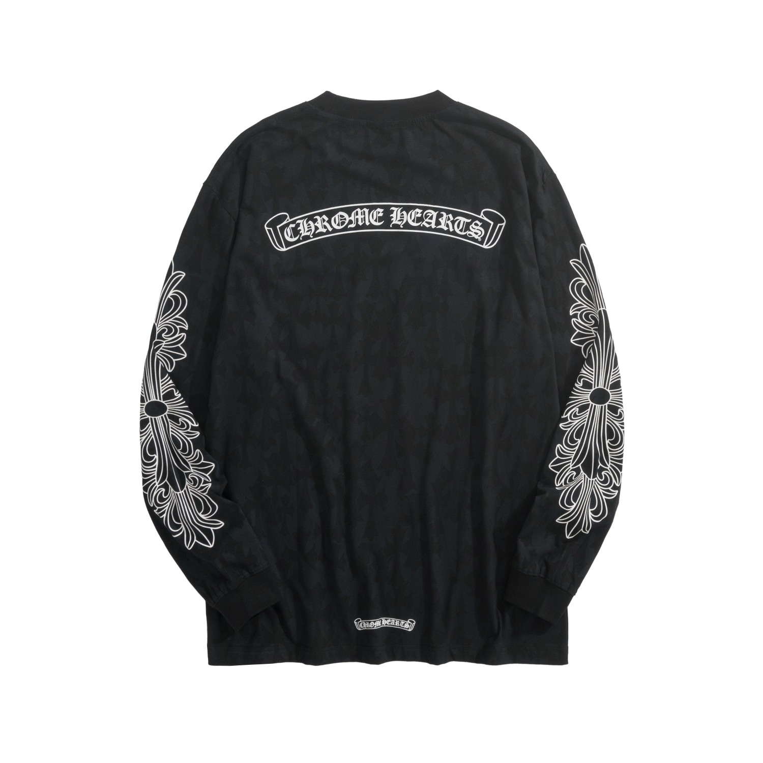 CH Chrome Hearts Long-Sleeve T-Shirt with Dark Cross PrintCustom-dyed fabric; horseshoe print on the chest pocket; scroll and Sanskrit print on the back; cross print on the shouldersSizes: S, M, L