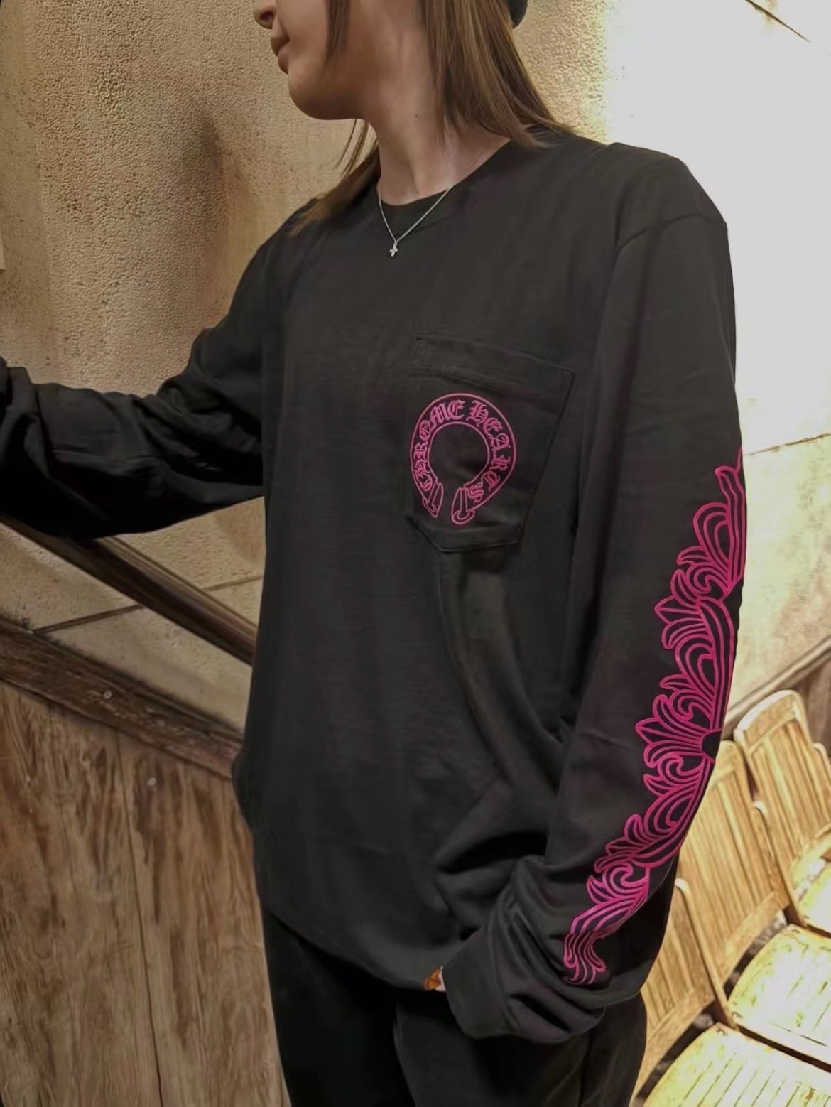 Chrome Hearts Pink Double-Sleeve Cross Vine Back Horseshoe T-Shirt, Black Long-SleeveSize: S M L XL