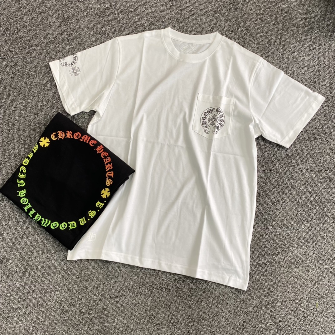 Chrome Hearts gradient circular short-sleeved shirt. Features a patch pocket on the chest, and the cuffs are made of the same cross-ribbed fabric as the neckline, not the main body fabric. Multi-color printing uses a hand-printing process to ensure c