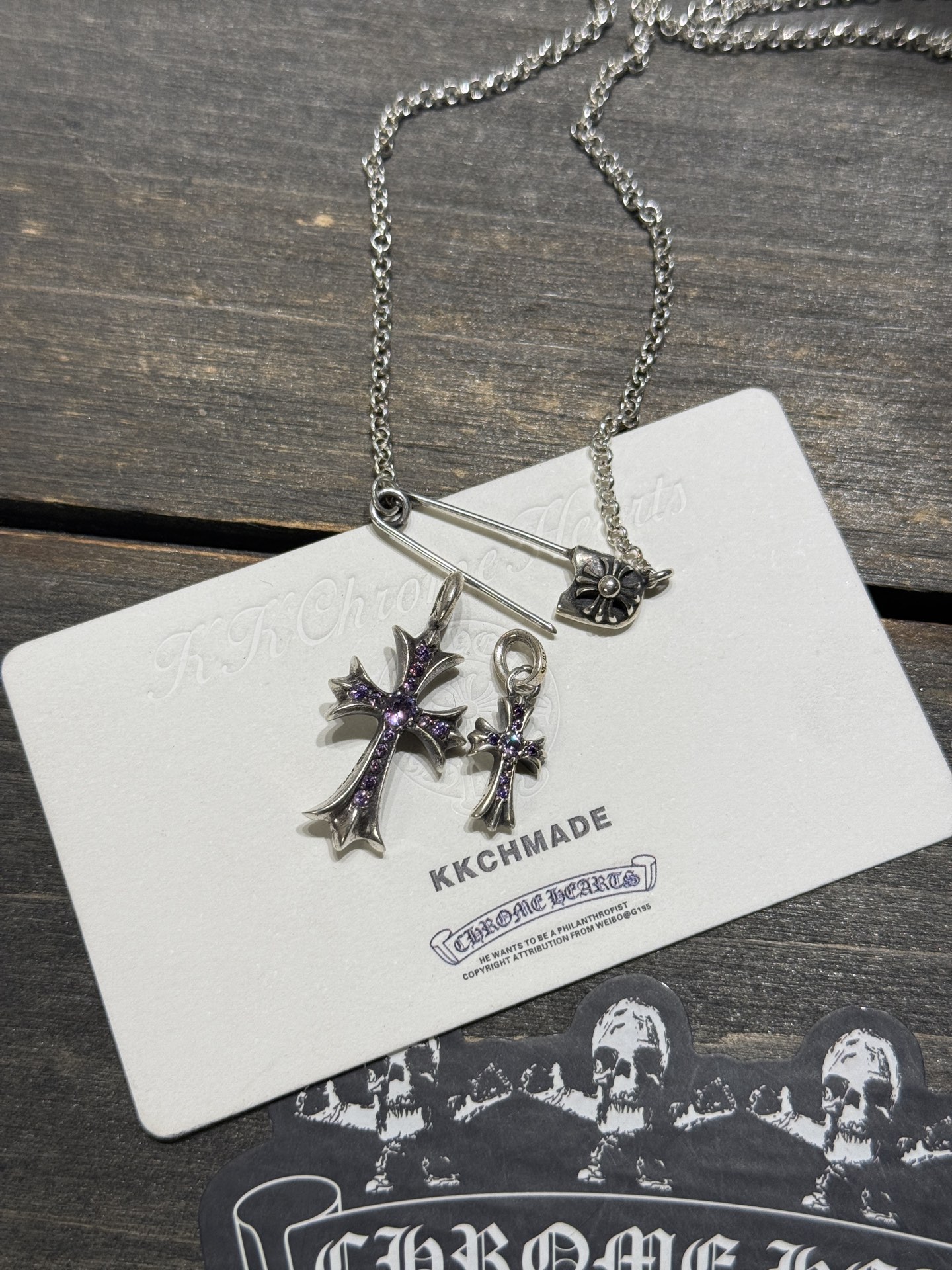 925 Sterling Silver, Double Cross Inlaid with Purple Diamonds, Top-Tier Setting and Engraving Details. Outshines all others on the market; the best in China, bar none.