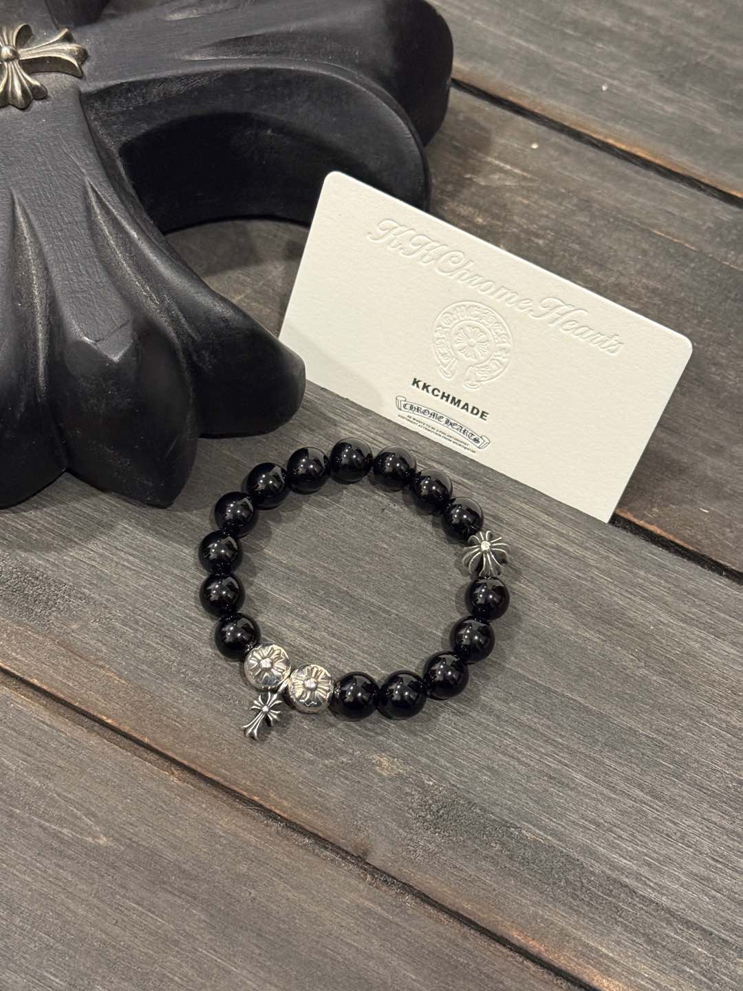 Customer order: Obsidian Cross 4-Silver Bead Bracelet