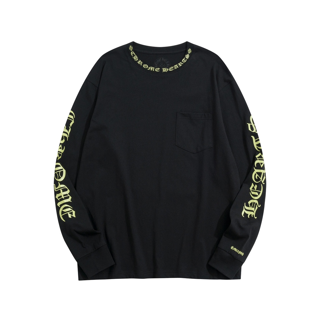 CH Chrome Hearts Fluorescent Letter Sanskrit Long-Sleeve T-ShirtCustom-made comfortable cotton fabric, chest pocket design, fluorescent Sanskrit print on the collar and sleevesSizes S-XL