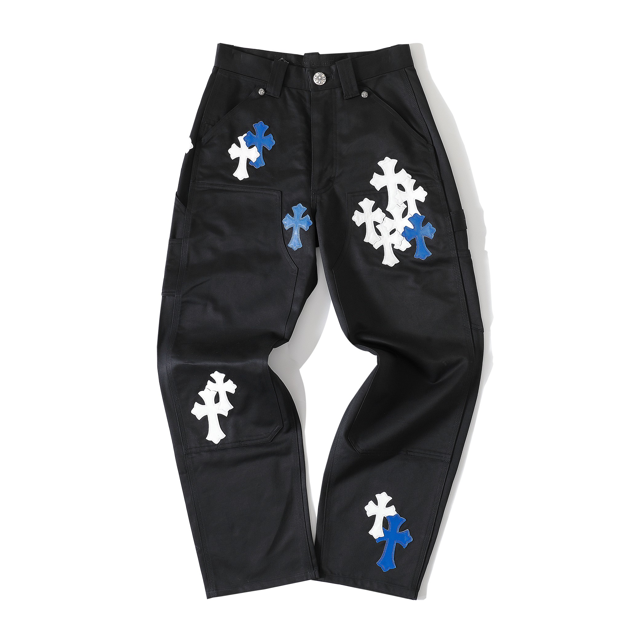 CH Blue and White Cross Cargo Pants, unisex style. Made with double-strand combed cotton yarn. Minimum order quantity 3000 yards. Custom production lead time two months. Attention to detail is paramount. To enhance the fabric's luster and texture, im