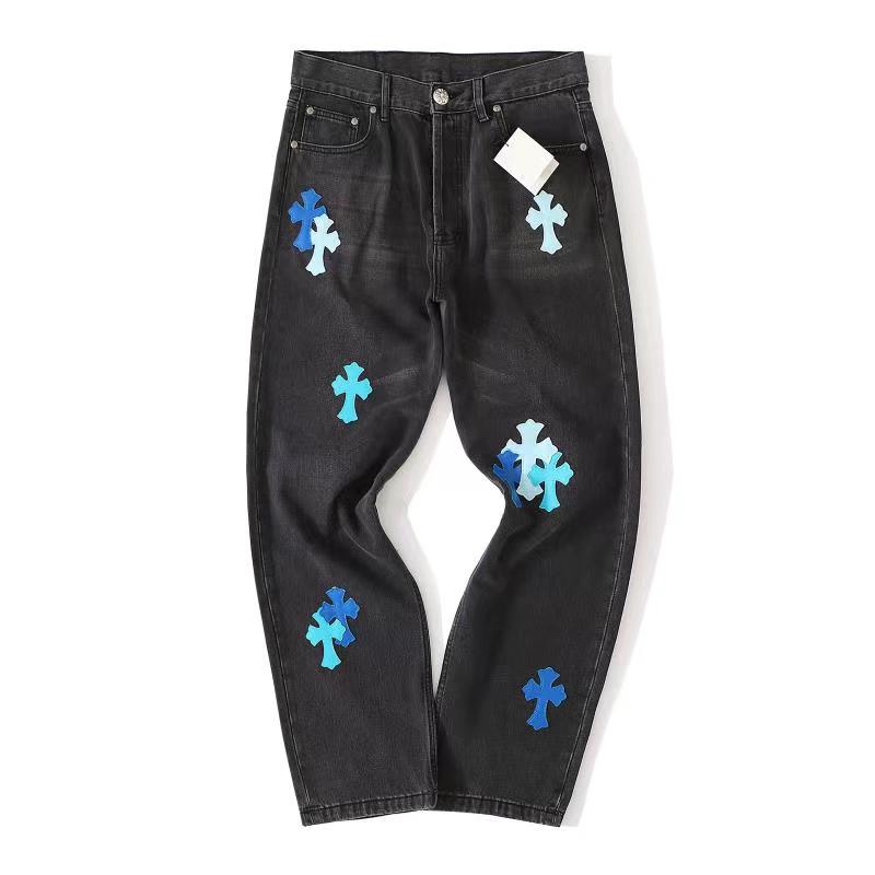 CH London Exclusive Blue Leather Patchwork Black Jeans. These jeans feature three shades of blue lambskin (ice blue, lake blue, and dark blue), each meticulously selected from hundreds of samples. The fabric is made with 501 special material for the